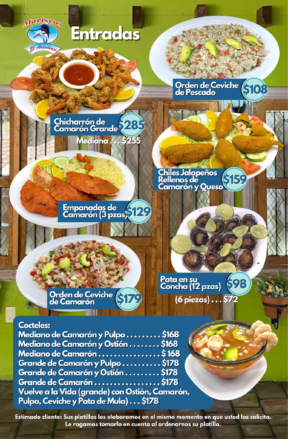 Menu at Mariscos El Arandense restaurant, Tonalá