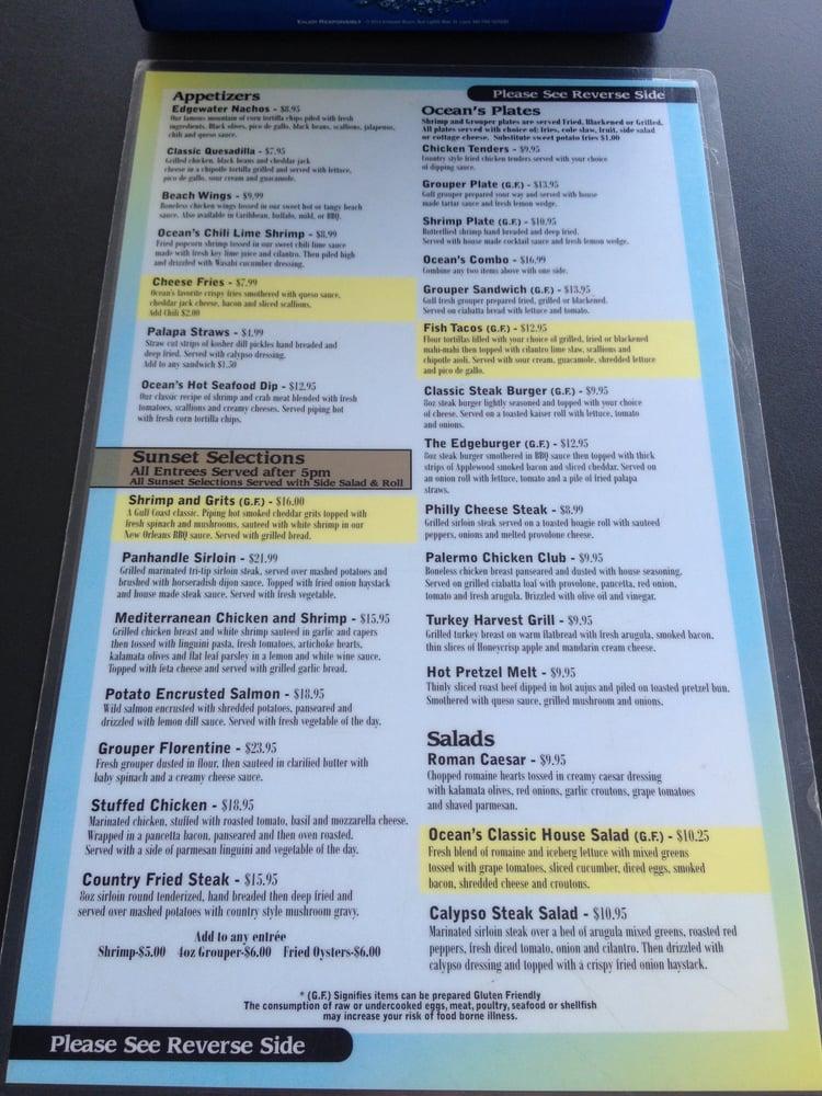 Menu at Ocean's Bar & Grill, Panama City Beach