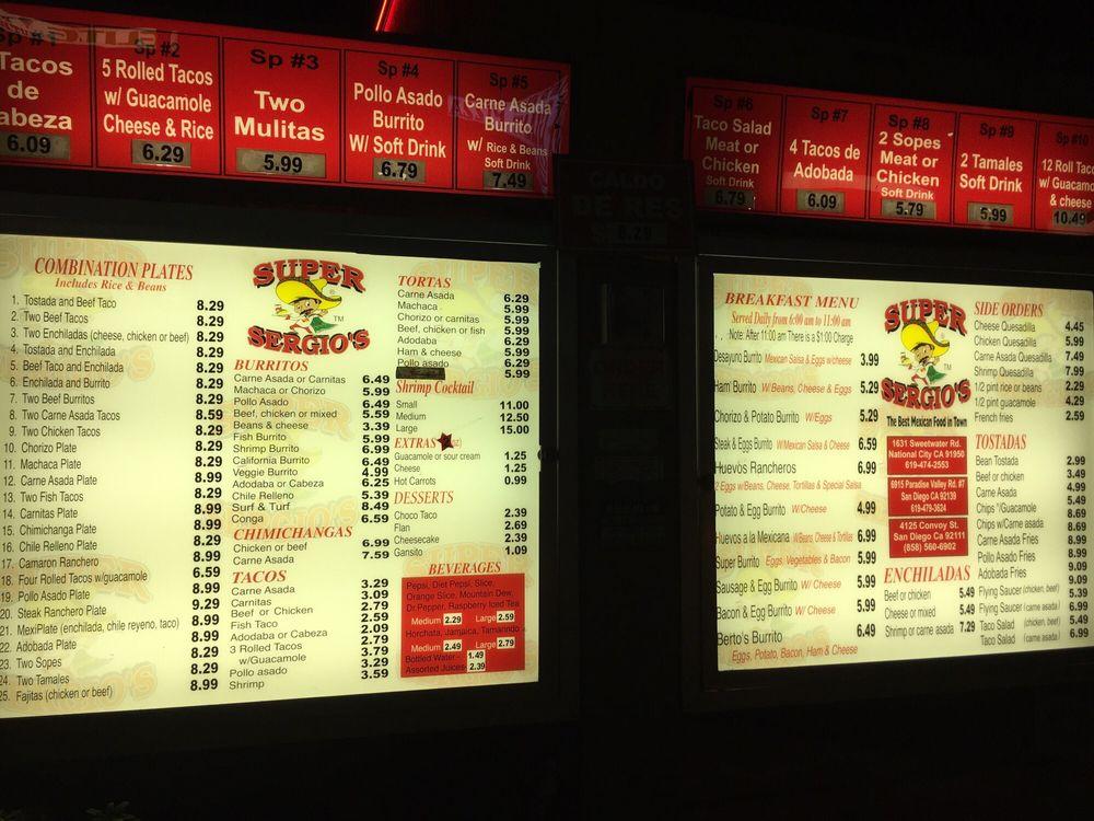 Menu at Super Sergio's restaurant, National City, Sweetwater Rd