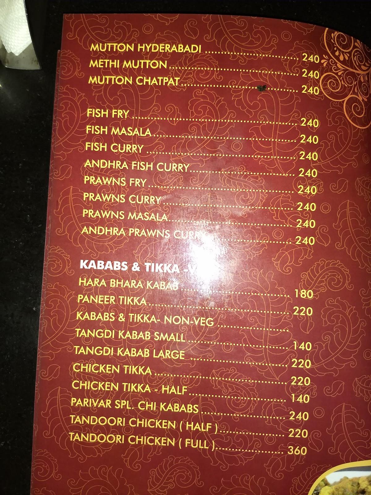 Sree Parivaar Restaurant menu