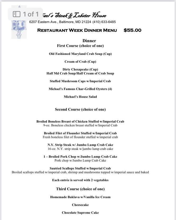 Menu at Michael's Steak & Lobster House steakhouse, Baltimore