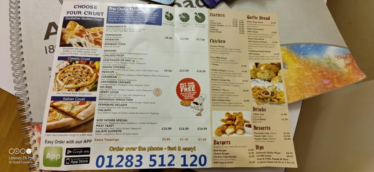 Menu at Godfathers Pizza restaurant, Burton upon Trent