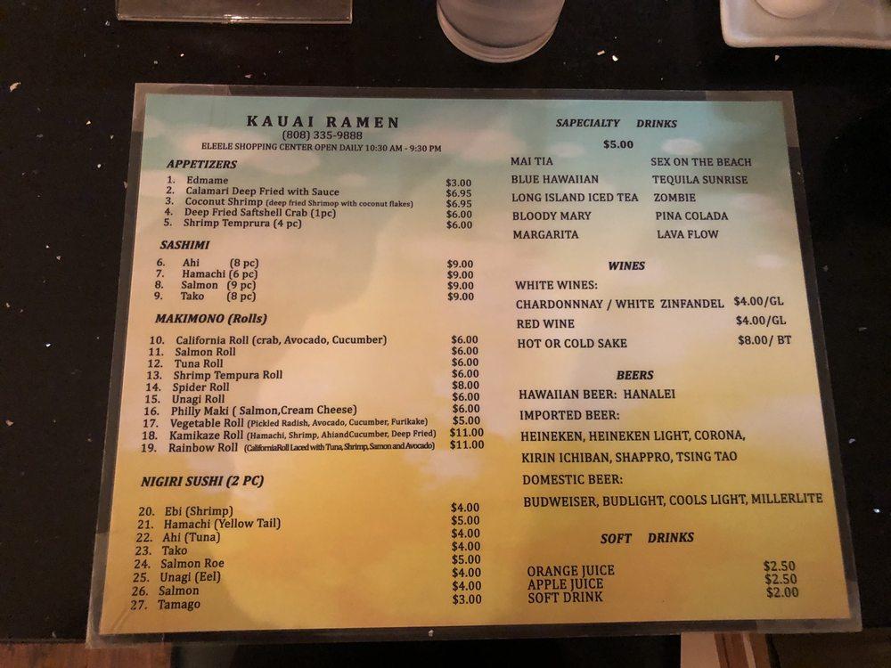 Menu at Kauai Ramen restaurant, Eleele, Waialo Rd