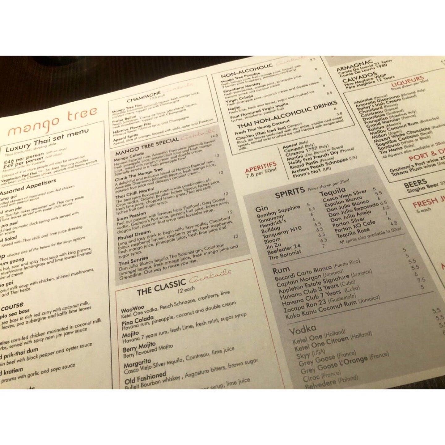 Menu at Mango Tree restaurant, London, 46 Grosvenor Pl