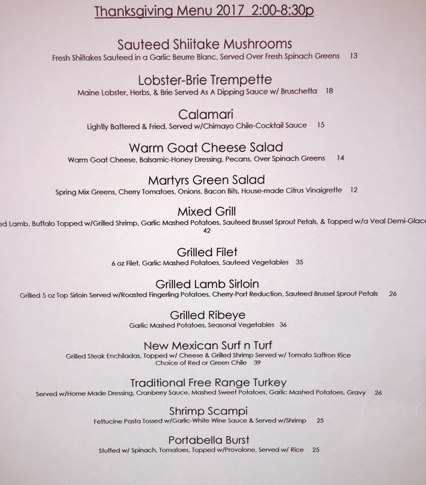 Menu at Martyrs Steakhouse, Taos