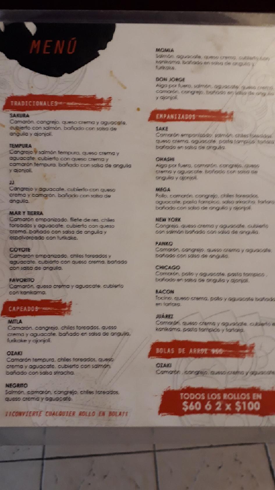 Menu at Ozaki Sushi y Alitas restaurant, Ciudad Juarez