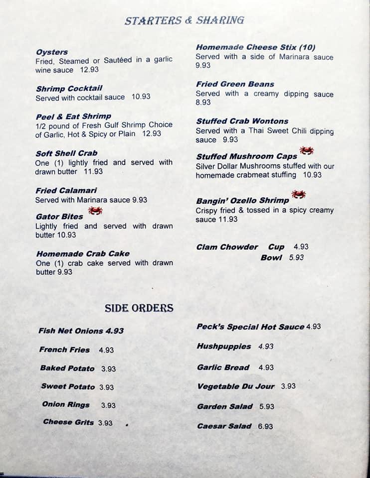 Menu at Peck's Old Port Cove restaurant, Crystal River