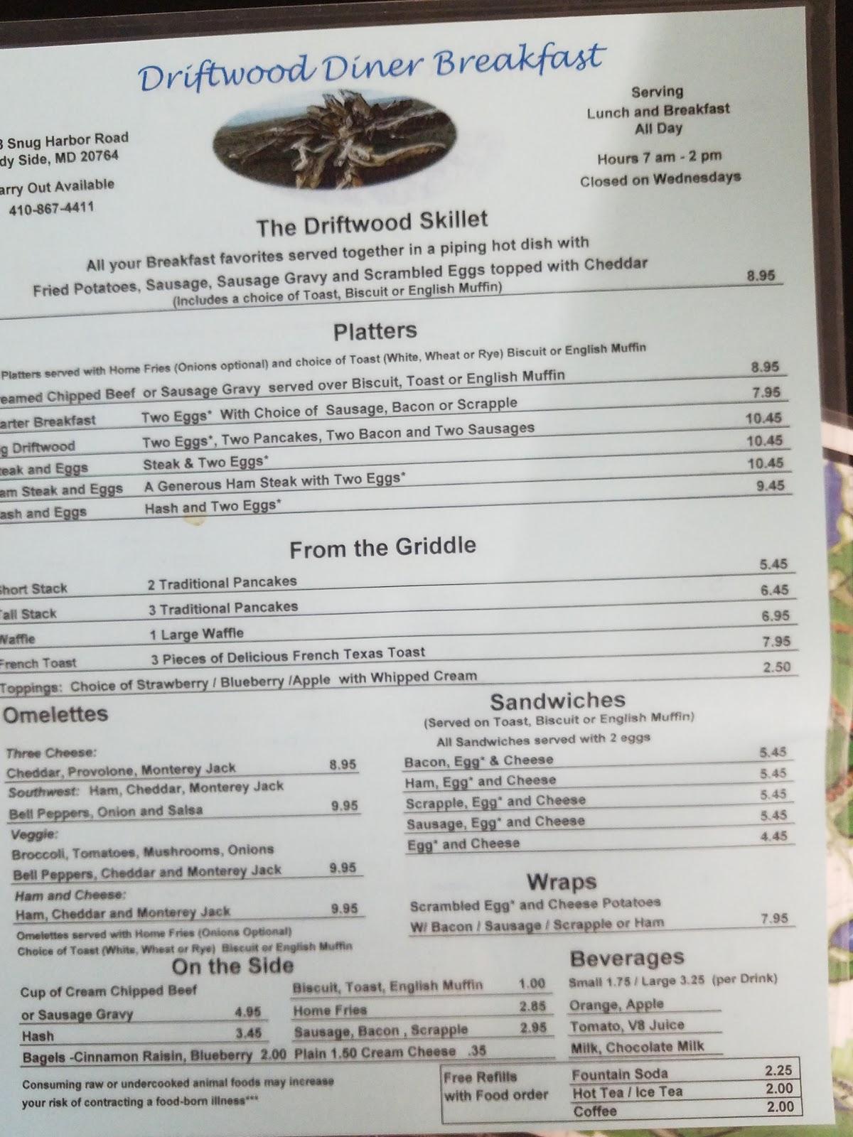 Menu at Driftwood Diner restaurant, Shady Side