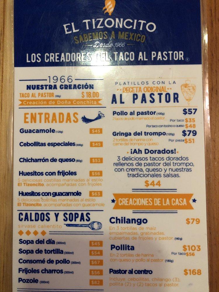 Menu at El Tizoncito restaurant, Ciudad López Mateos, Hamburgo 70 - A