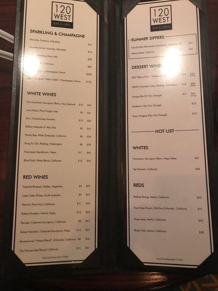 Menu at 120 West Bar & Grill, Indianapolis
