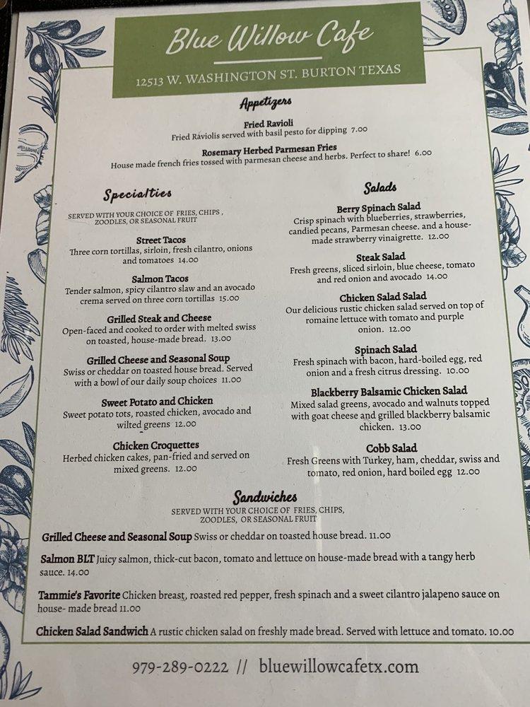 Menu at Blue Willow Cafe Burton