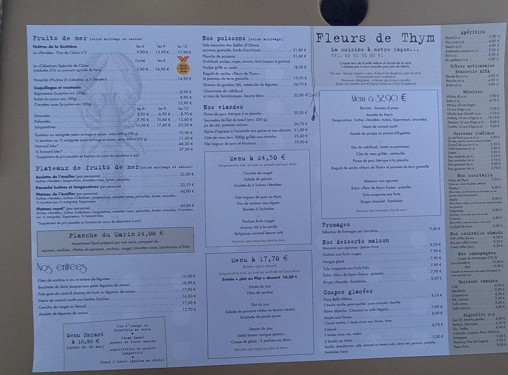 Carta del restaurante Fleurs del Thym, Les Sablesd'Olonne