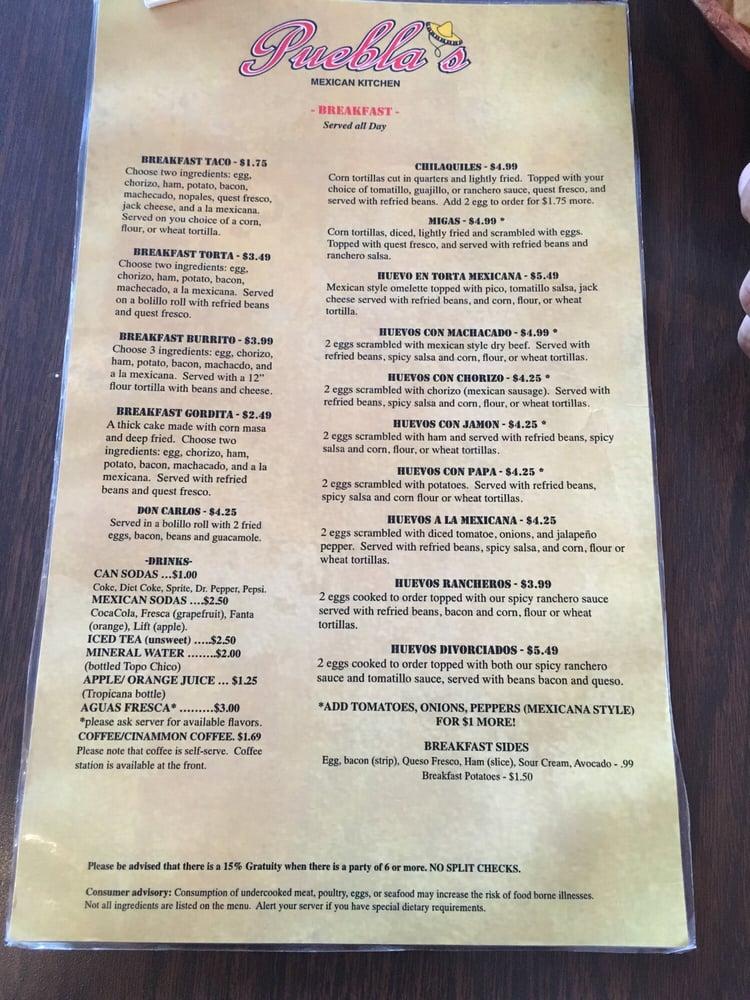 Menu at Puebla's Mexican Kitchen restaurant, Houston