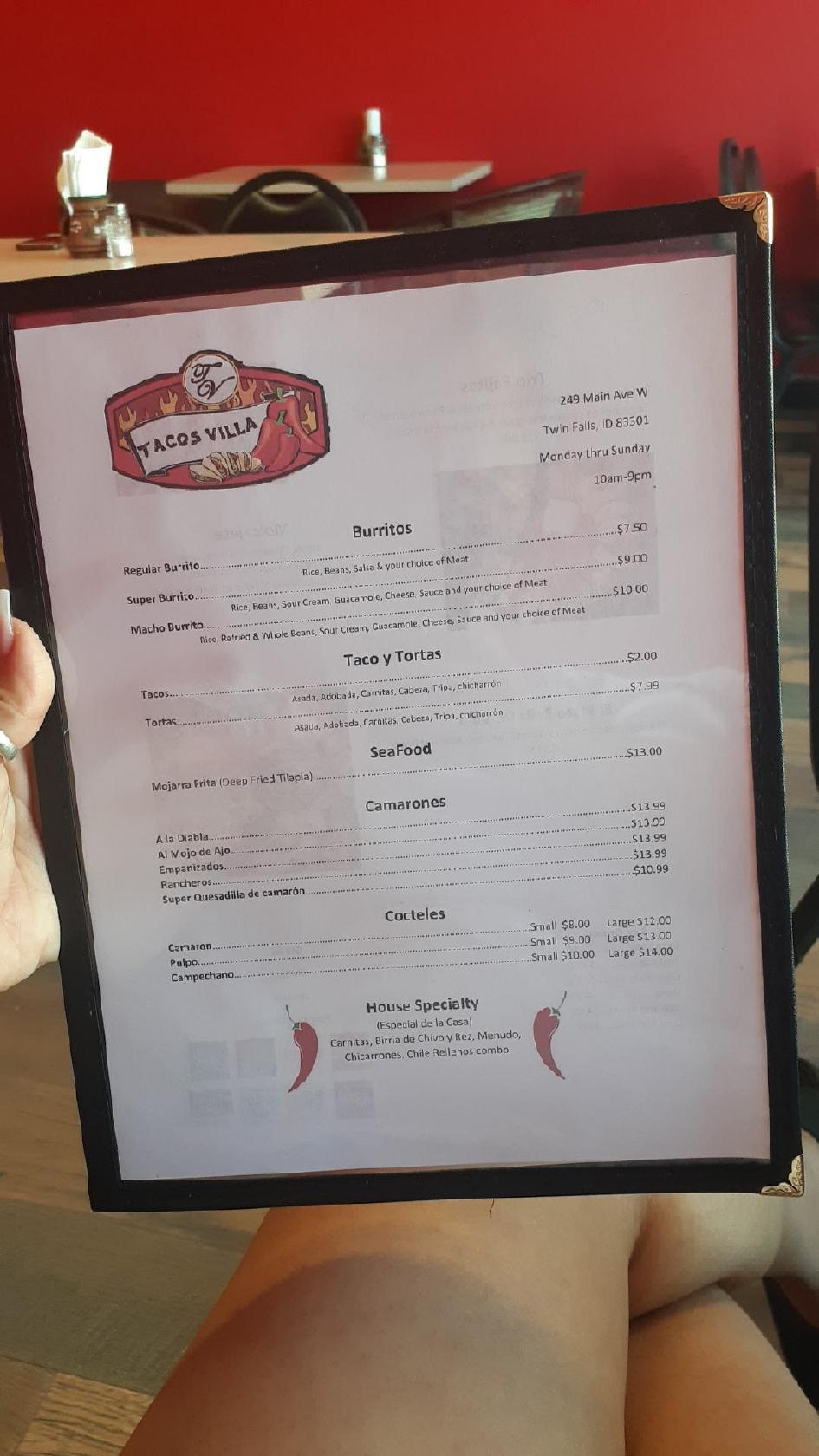 Menu at Tacos Villa restaurant, Twin Falls