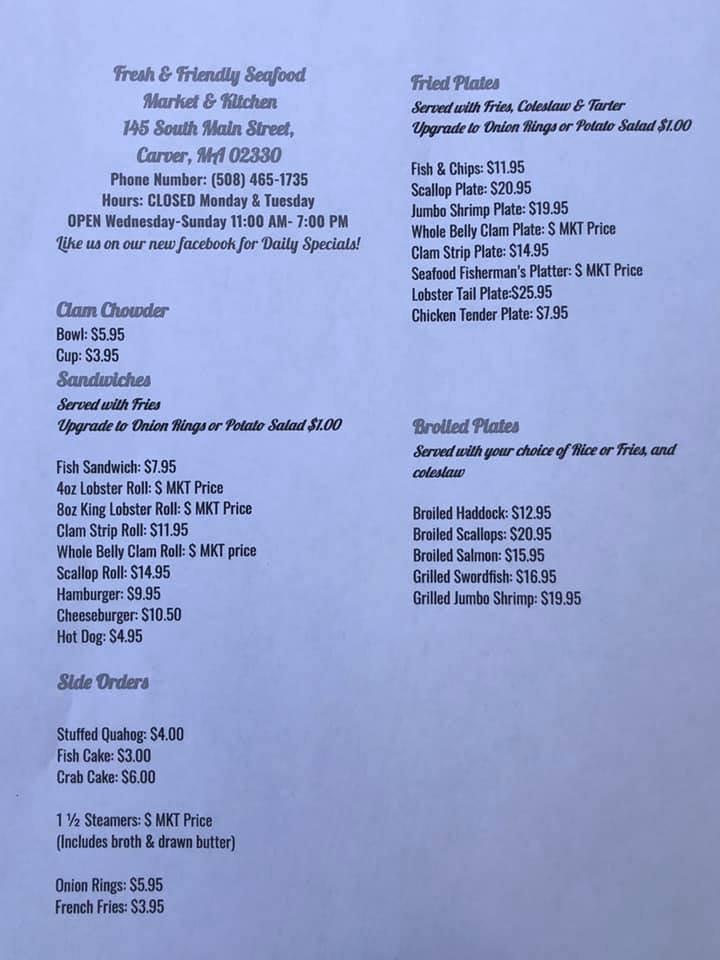 Menu at Fresh and Friendly Seafood Market restaurant, Carver