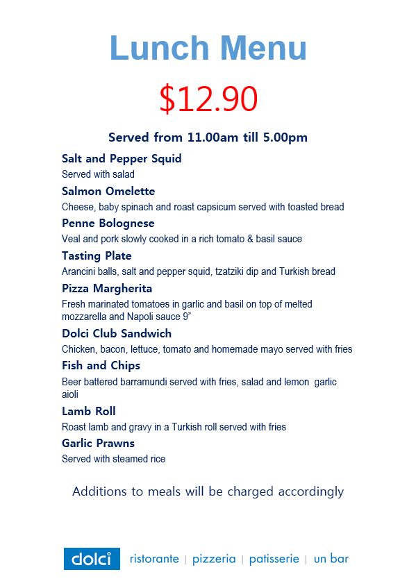 Menu at Dolci Cafe, Torrens Park