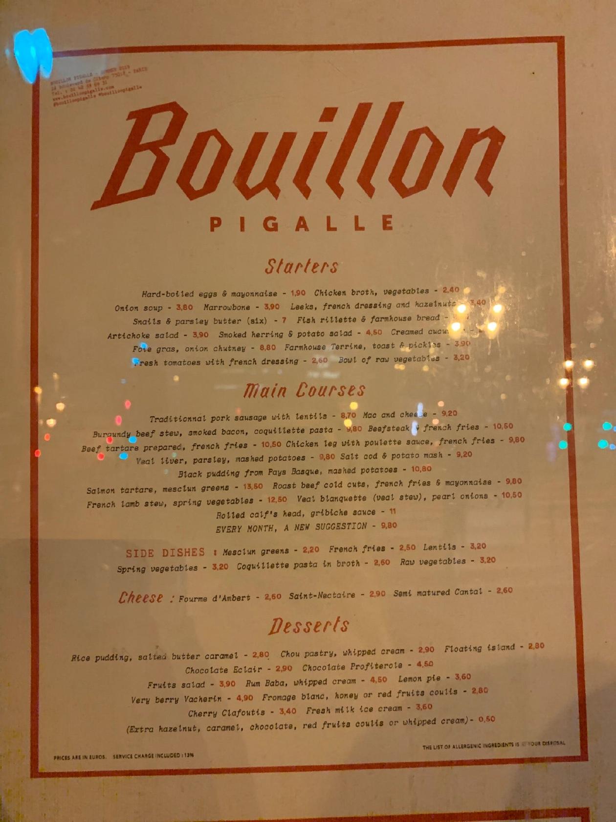 Menu at Bouillon Pigalle restaurant, Paris