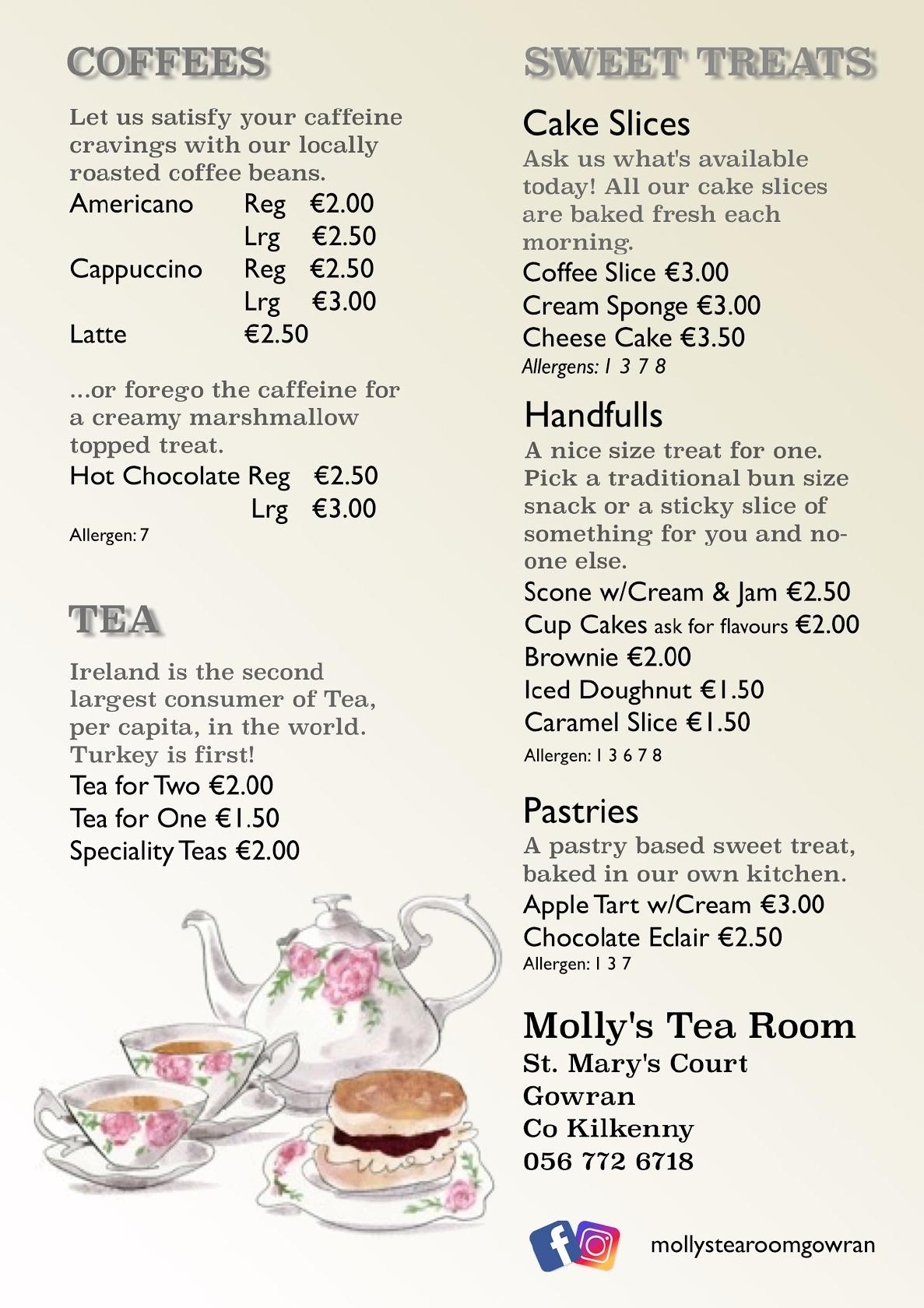 Menu at Molly's Tea Room cafe, Gowran