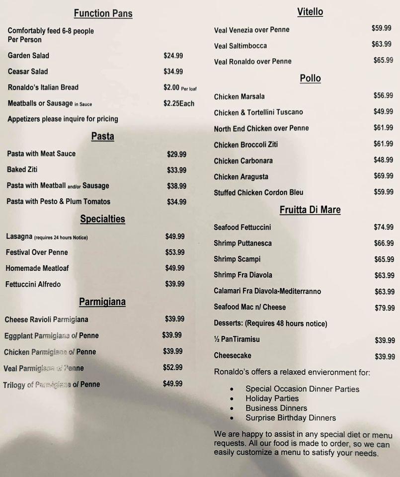 Menu at Ronaldo's Ristorante pub & bar, North Hampton