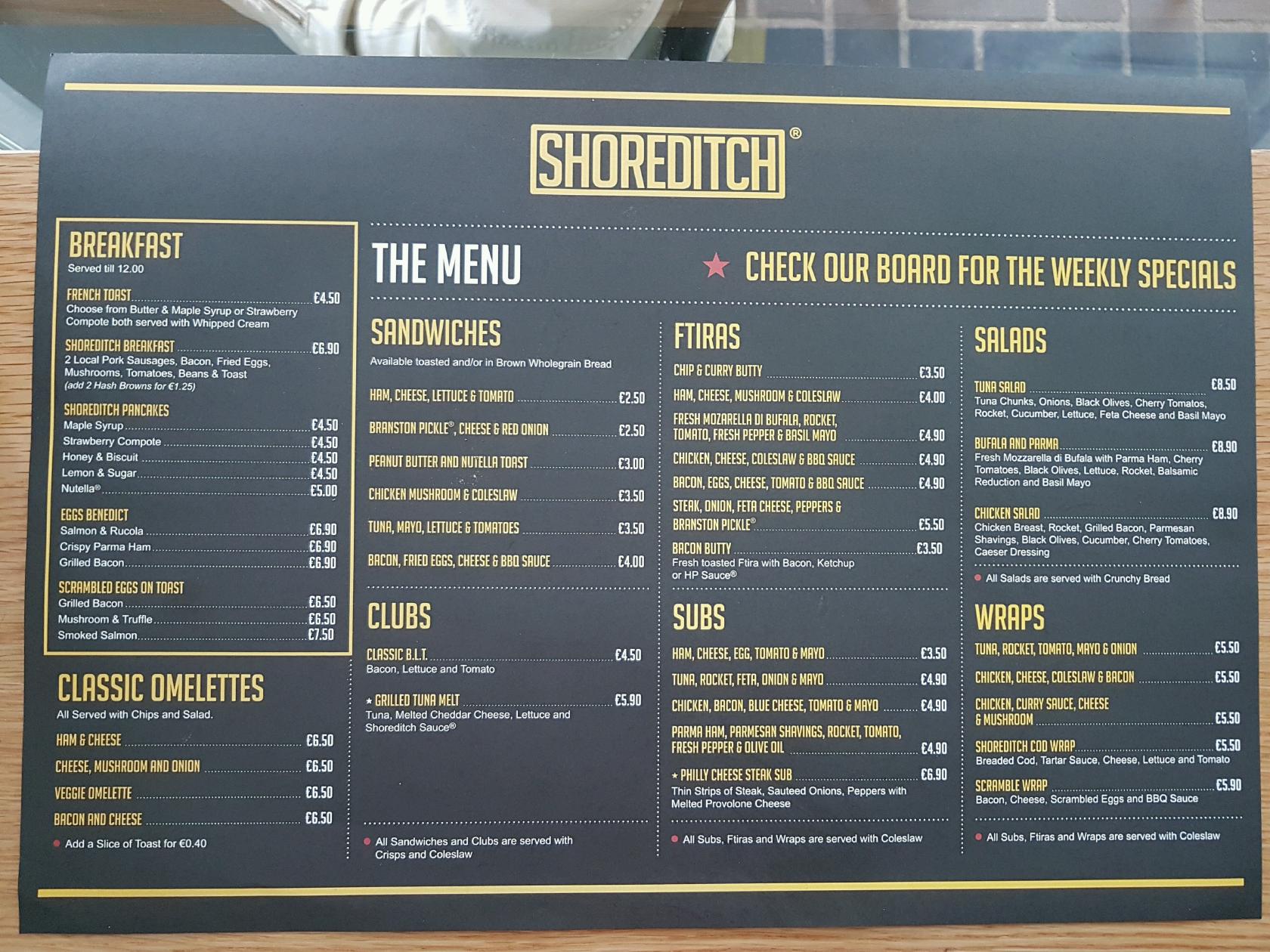 Menu at Shoreditch Bar and Kitchen, Saint Julian's