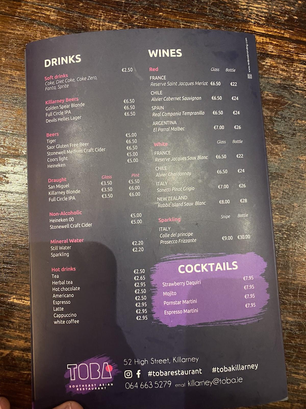 Menu at Toba Southeast Asian Restaurant, Killarney