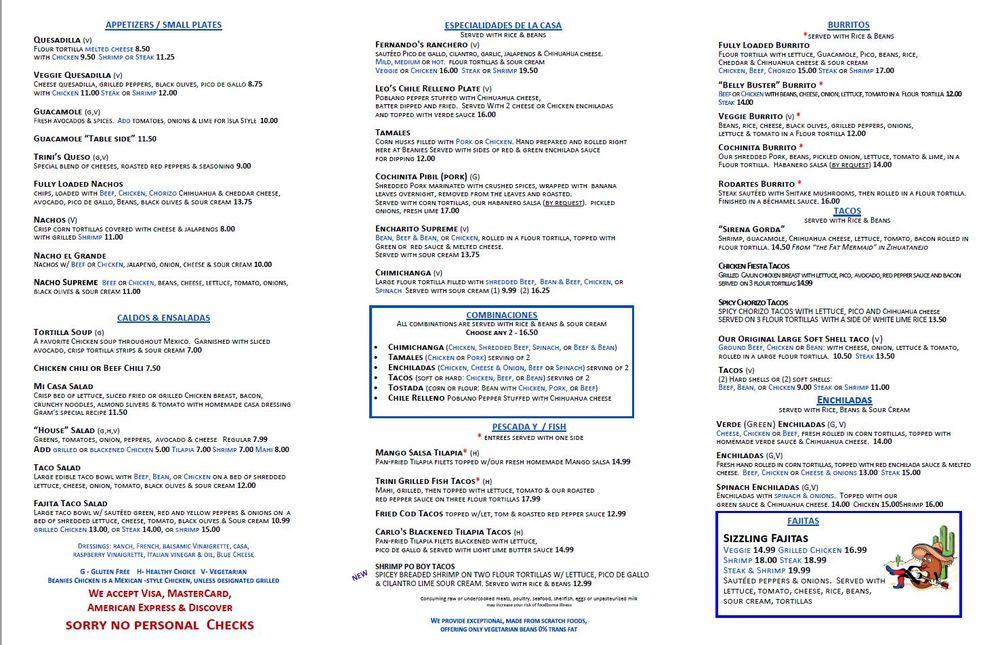 Menu at Beanies Mexican Restaurant, Port Washington