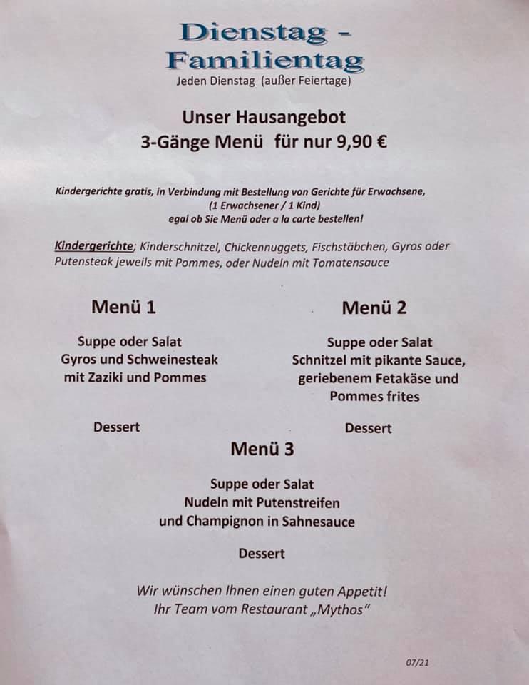 Speisekarte von Restaurant Mythos, Moers