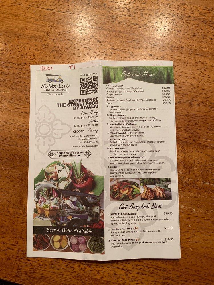 Menu at Sivalai Thai Cuisine II restaurant, Dartmouth