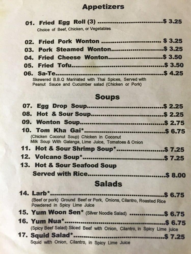 Menu at Thai Pepper restaurant, Lubbock