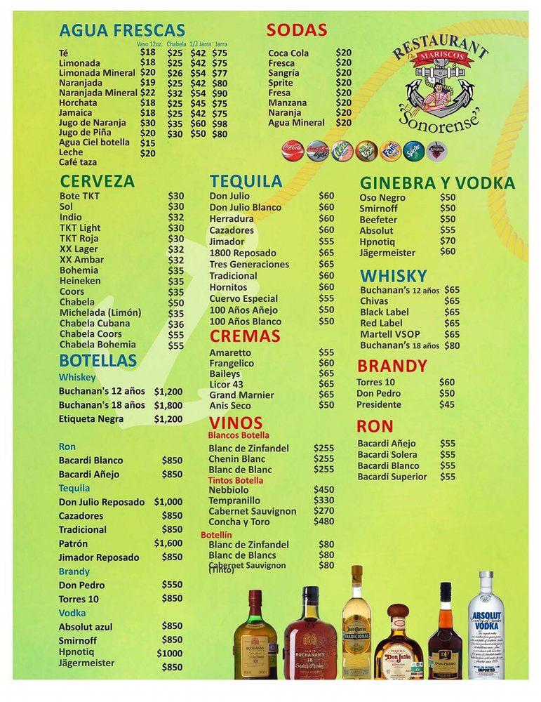 Menu at Mariscos el Sonorense Castellón restaurant, Mexicali, Calz.  Castellón 2053