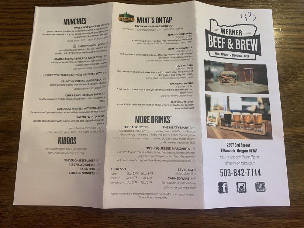 Menu at Werner Beef & Brew restaurant, Tillamook
