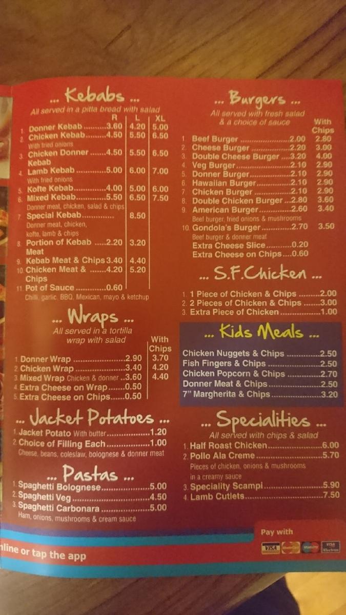 Menu at La Gondola pizzeria, Grimsby