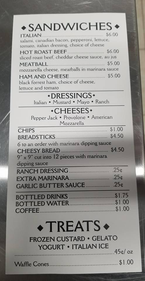 Menu at Frozen in Time pizzeria, Miles