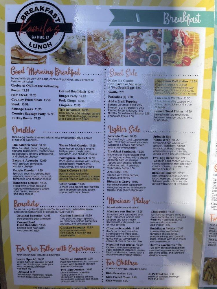 Menu at Kamila's Breakfast & Lunch restaurant, San Diego
