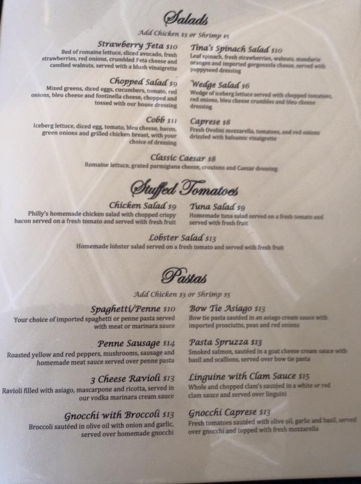 Menu at Tina G's restaurant, Mundelein