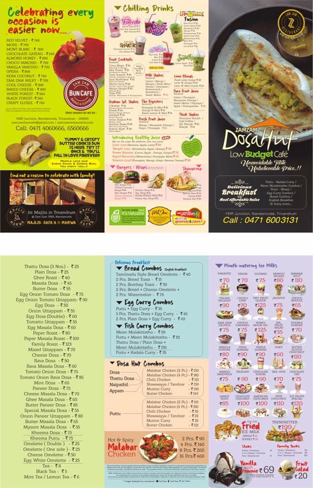 Menu at Zam Zam Dosa Hut, Thiruvananthapuram, YMR Junction