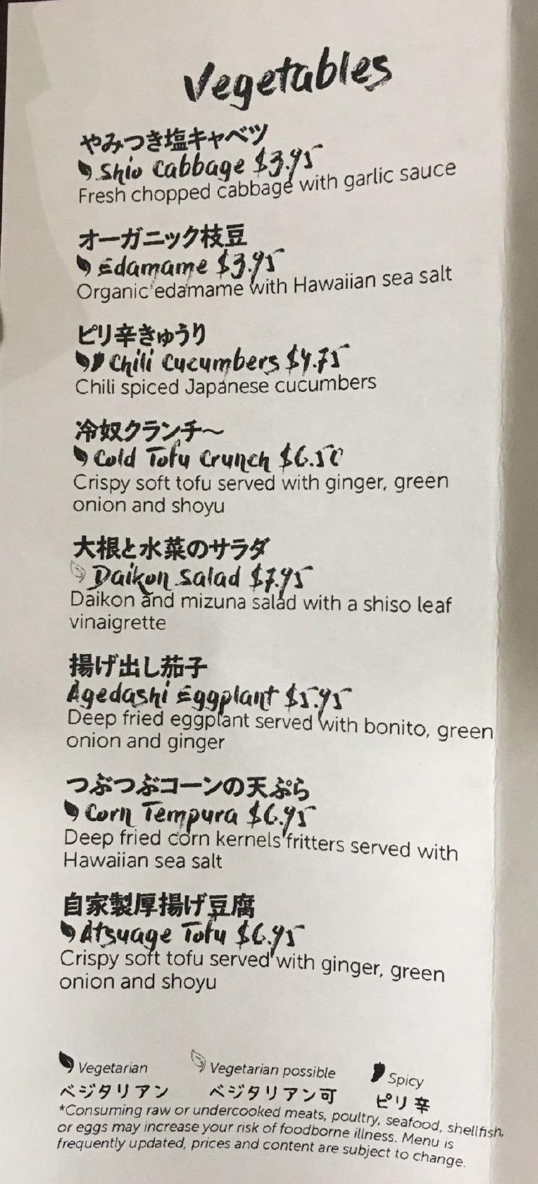 Menu at Wagaya restaurant, Honolulu