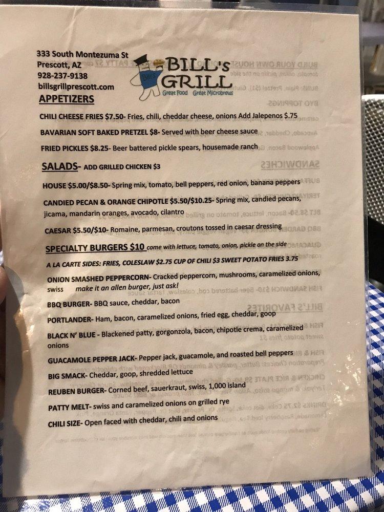 Menu at Bill's Grill restaurant, Prescott