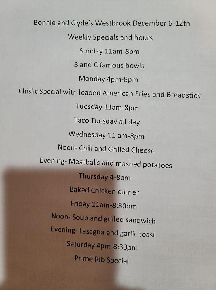 Menu at Bonnie & Clyde's II restaurant, Westbrook