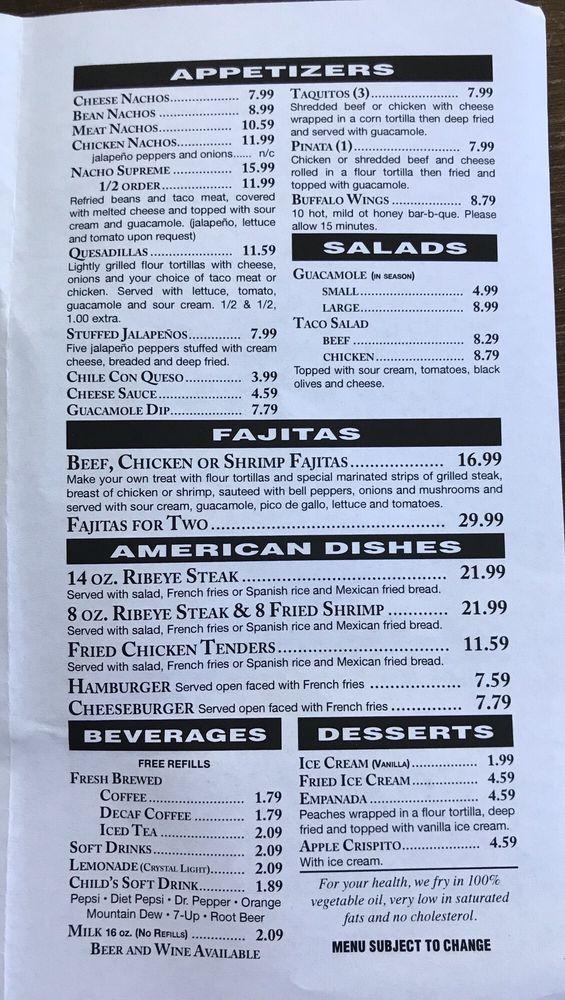 Menu at Chico's Mexican Restaurant, Palatka