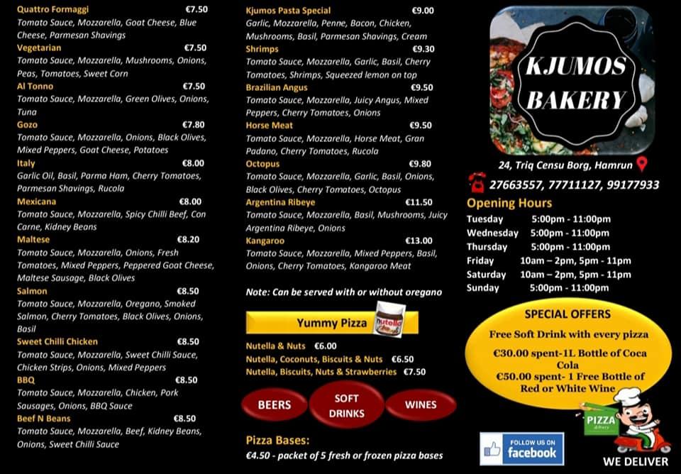 Menu at Kjumos Bakery Pasta & Pizzeria, Hamrun