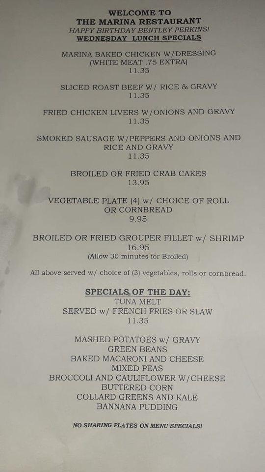 Menu at Marina Seafood Restaurant, Fernandina Beach