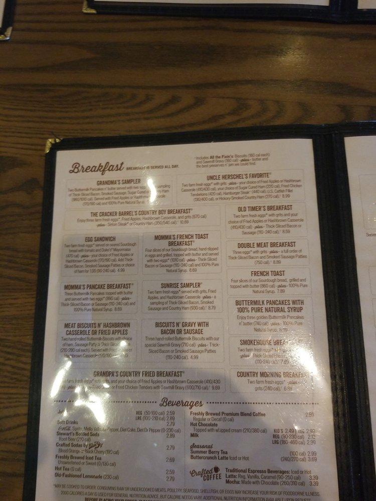 Menu at Cracker Barrel Old Country Store, Coeur d'Alene, Lee Ct.