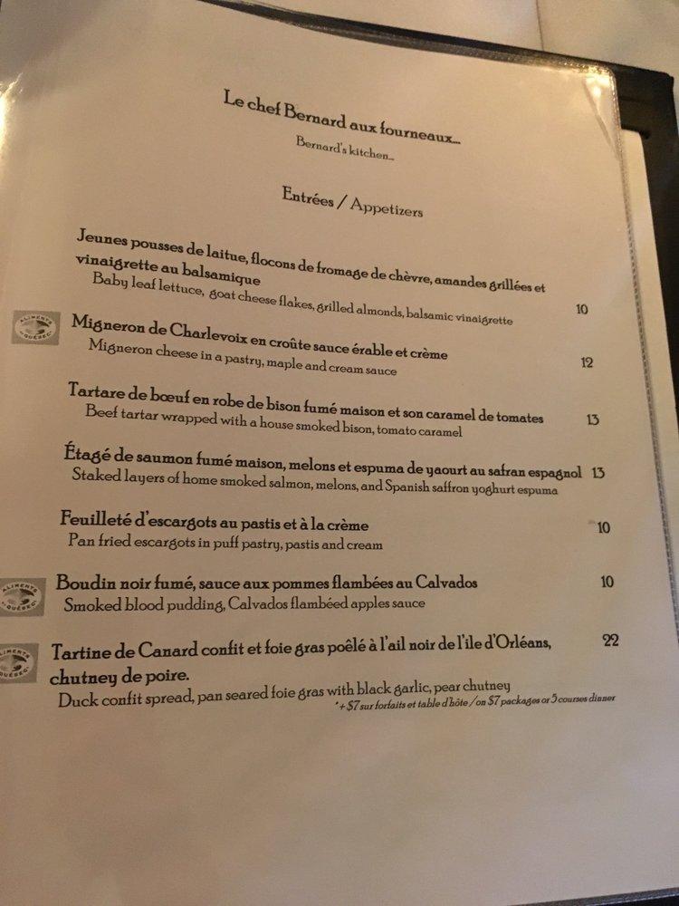 Menu au Auberge Baker Restaurant, Château-Richer