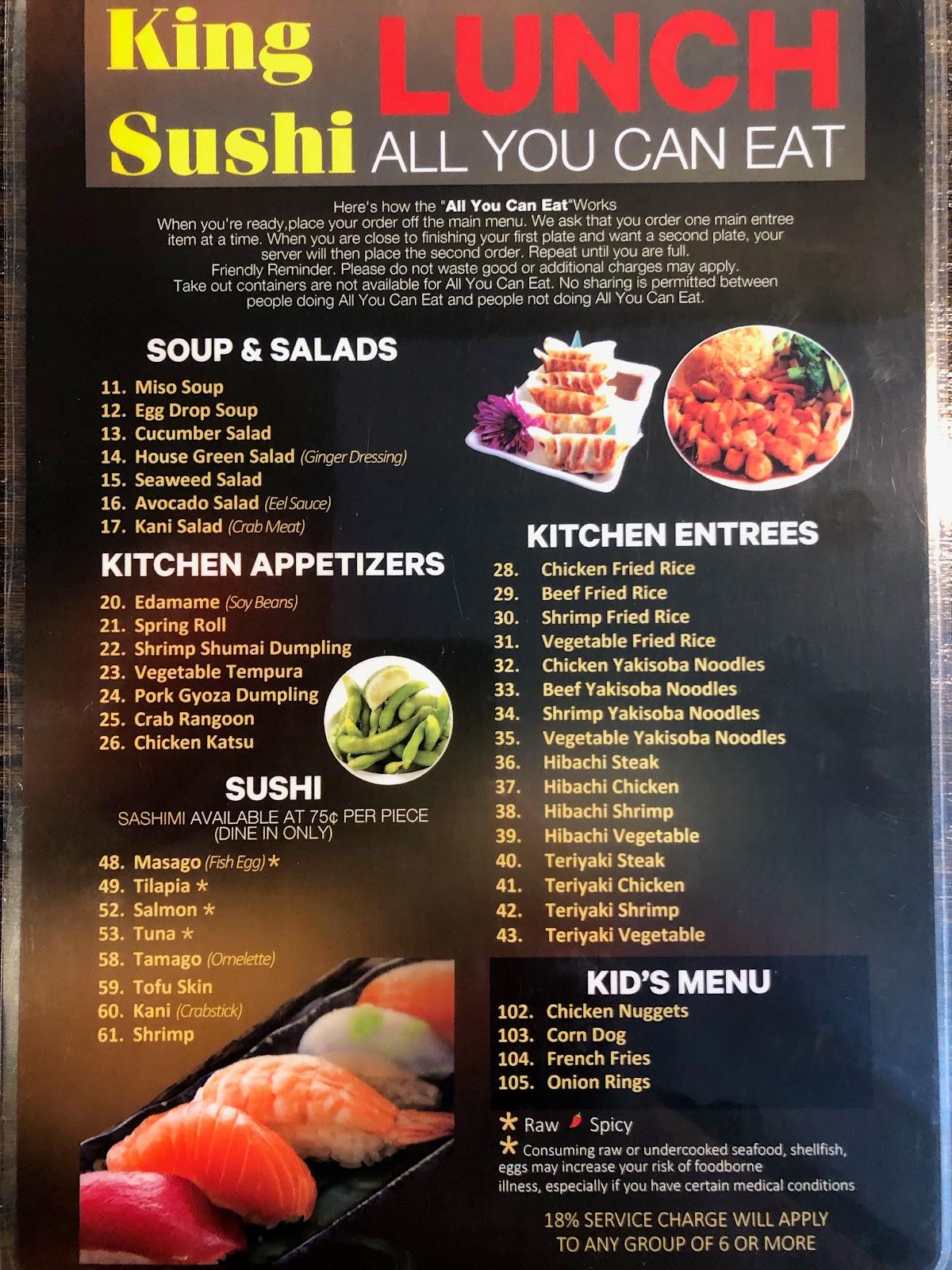 Menu at Kings Sushi restaurant, Summerville