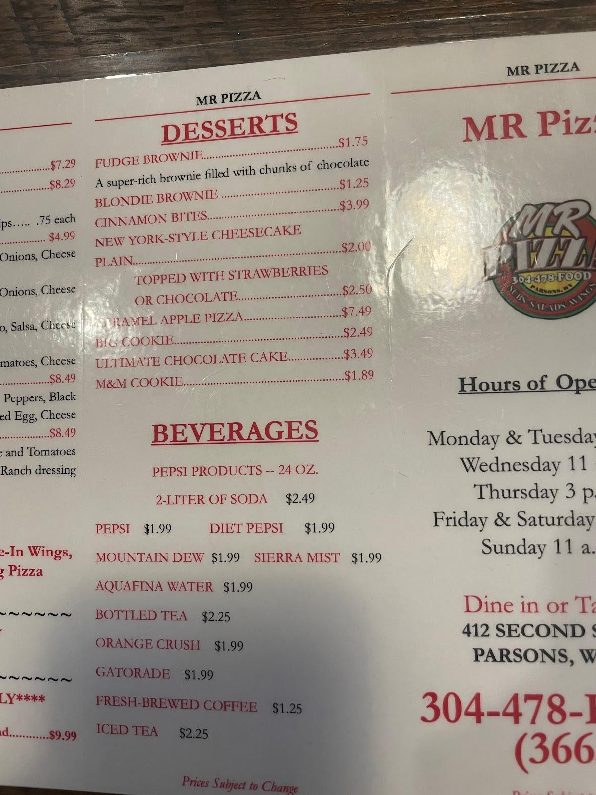 Menu at MR Pizza pizzeria, Parsons