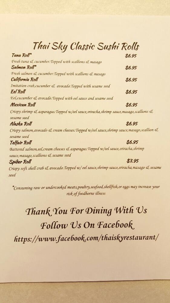 Menu at Thai Sky restaurant, Friona