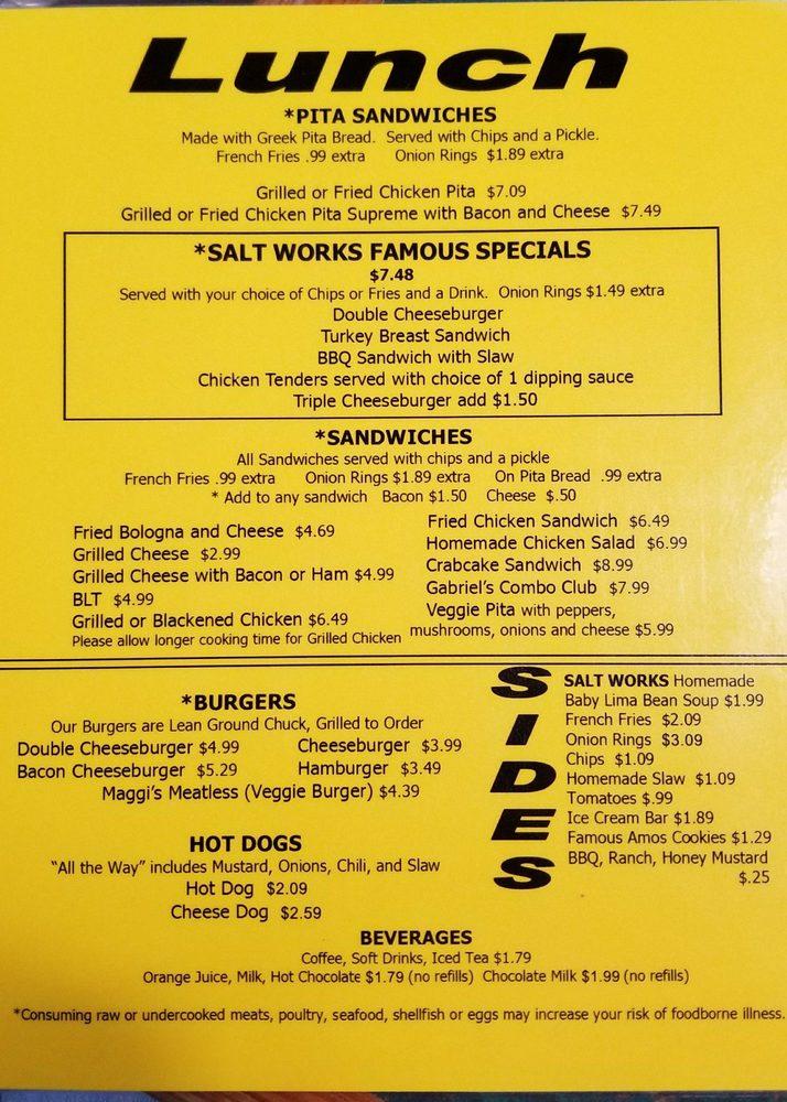 Menu at The Original Salt Works restaurant, Wilmington