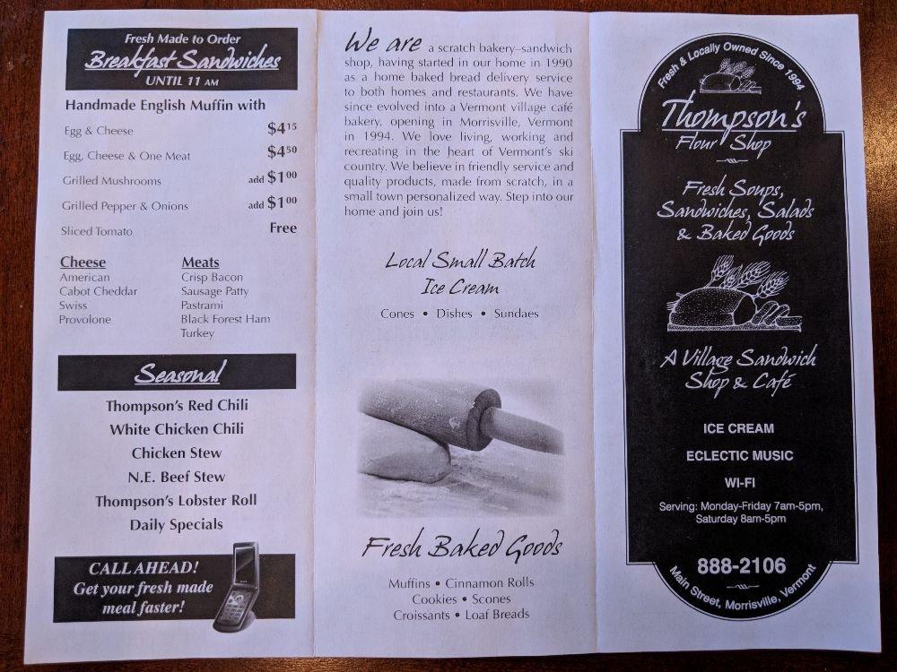 Menu at Thompson's Flour Shop cafe, Morristown, 84 Lower Main St