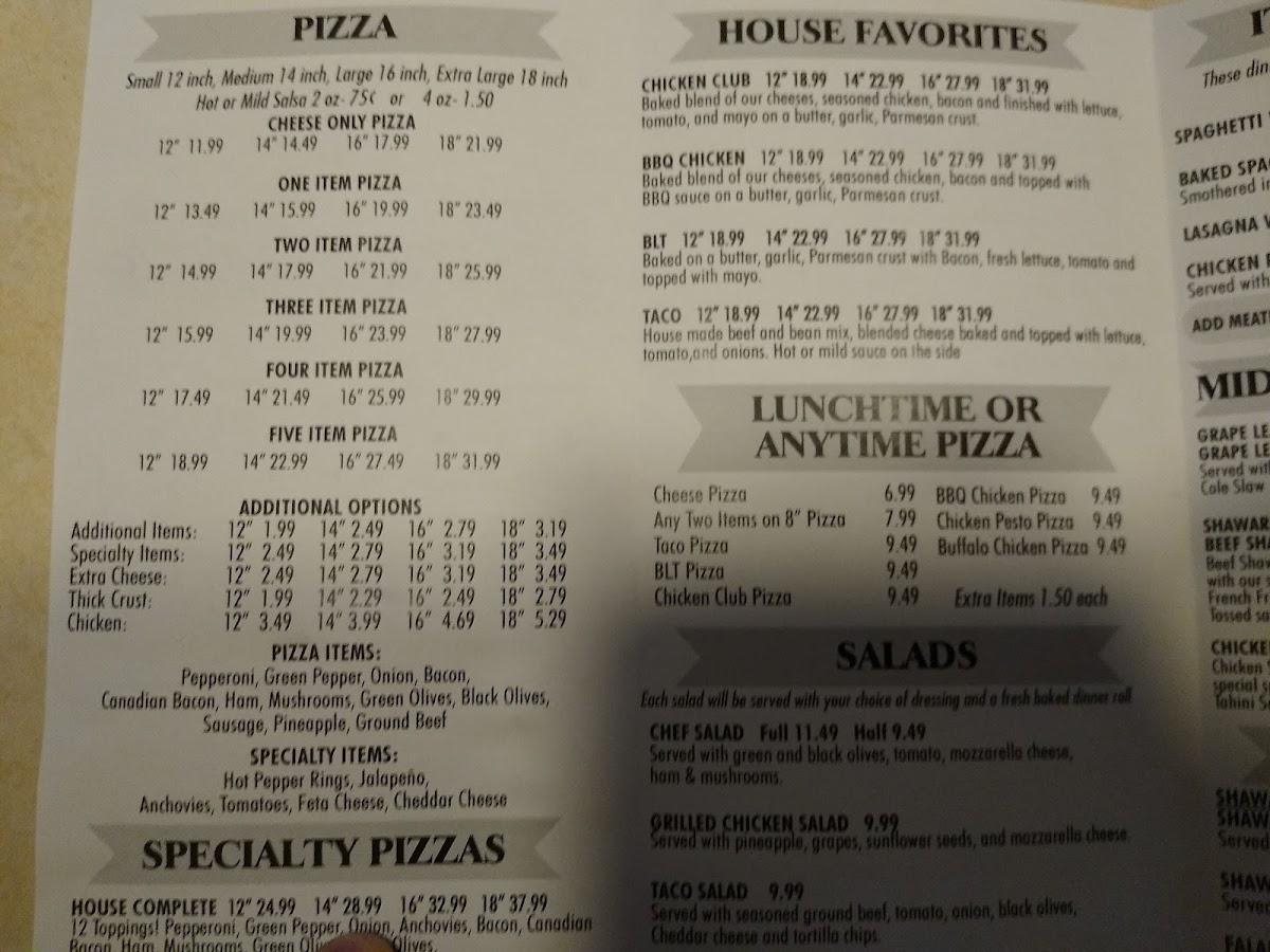 Menu at Brownie's House of Pizza pizzeria, Tecumseh